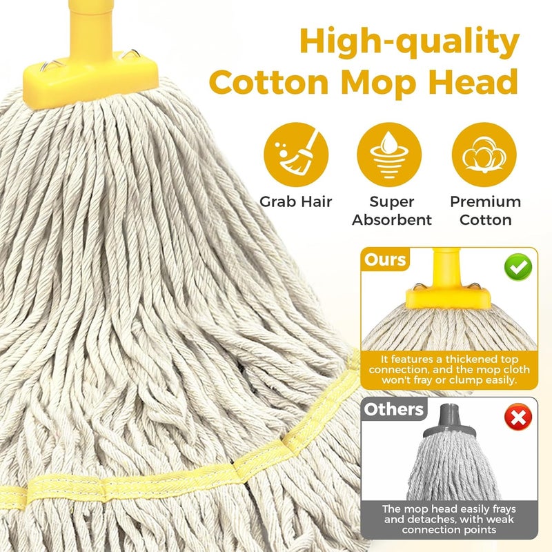 SOBONNE String Wet Mop for Floor Cleaning,Industrial Cotton Mop with Long Handle, Regular Mops for House Kitchen Bathroom Garage Office Hardwood Concrete Tile Floors,Yellow - Image 3